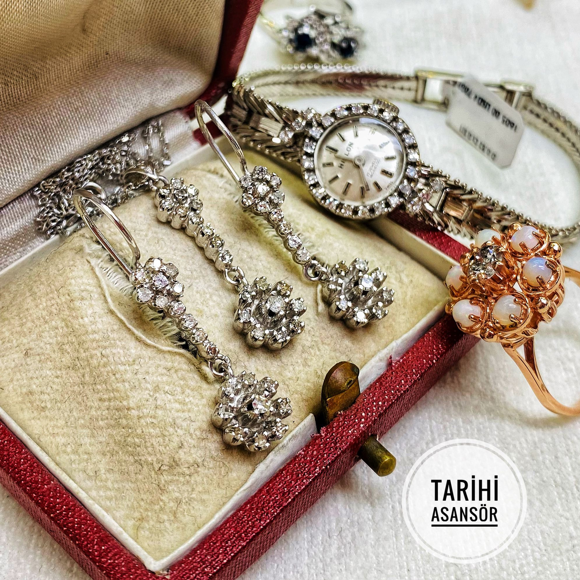 Vintage Tasarım Platin Modeli Pırlanta Taşlı Kâr Tanesi Kolye ve Küpe Takım 