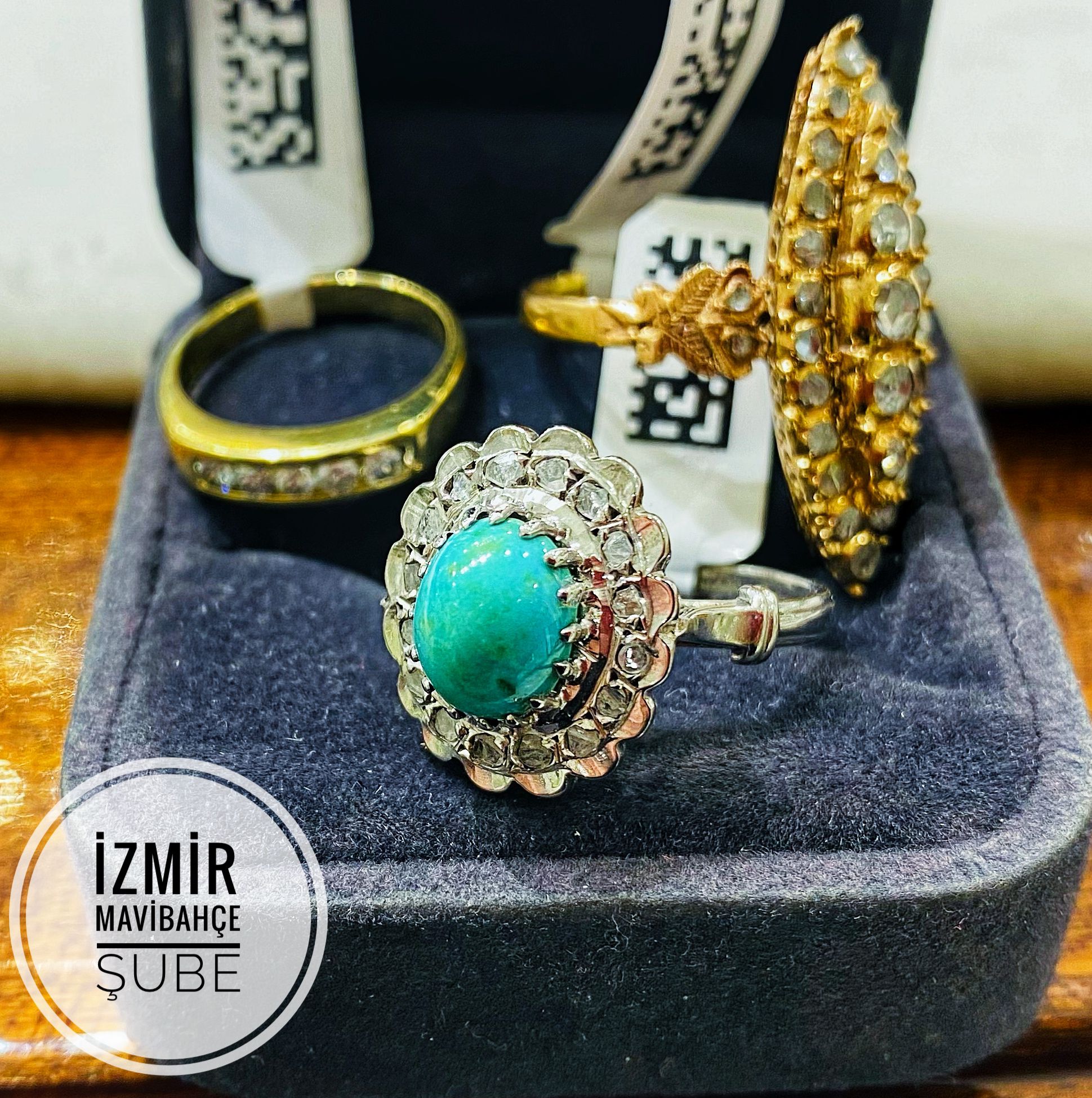 Vintage Tasarım Platin Modeli Firuze ve Pırlanta Taşlı Yüzük